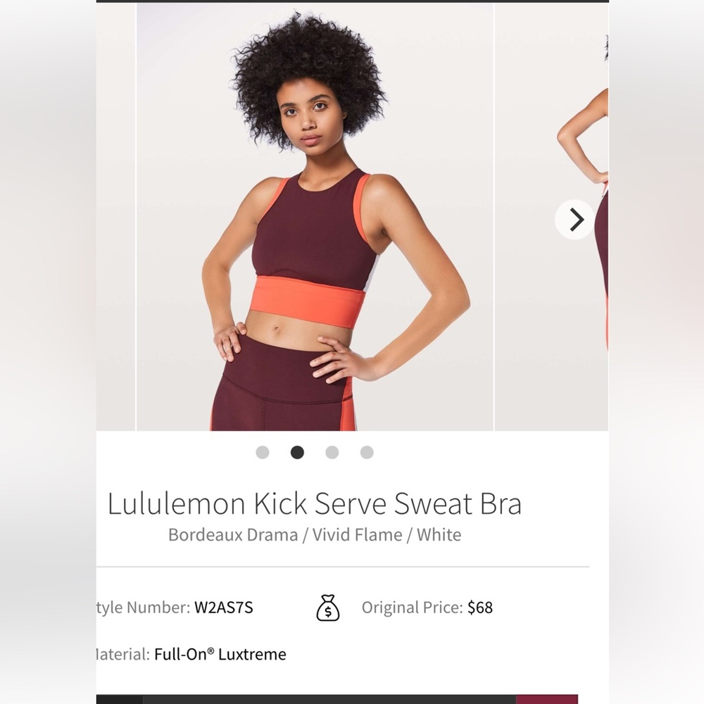 Lululemon Kick Serve Sweat Bra
Bordeaux Drama / Vivid Flame / White size 10